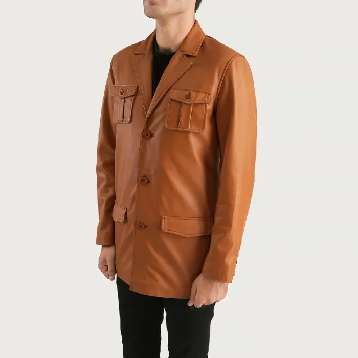 Men'S Tan Brown Sheepskin Leather Blazer Side View