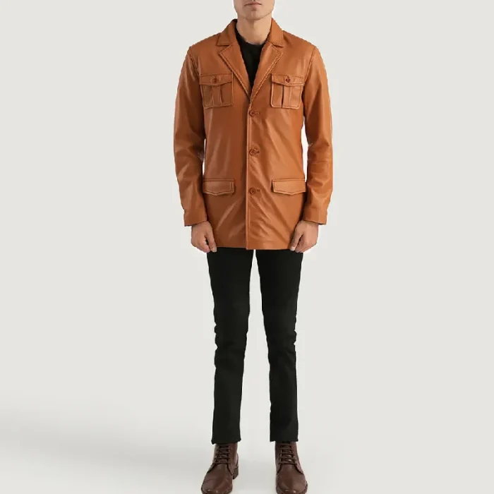 Men'S Tan Brown Sheepskin Leather Blazer Wearing Look