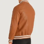 Men's Tan Brown Leather Zipper Varsity Jacket Back