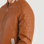 Men's Tan Brown Leather Zipper Varsity Jacket Close Up