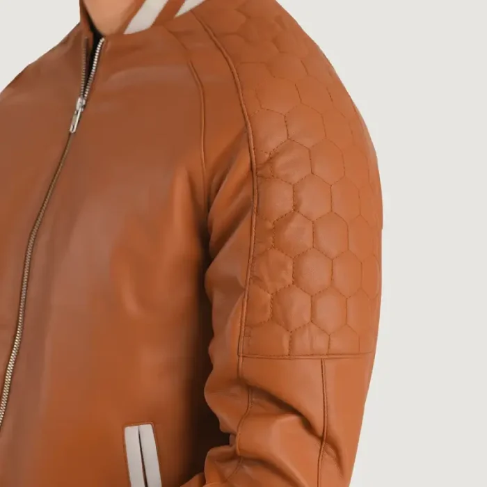 Men'S Tan Brown Leather Zipper Varsity Jacket Close Up