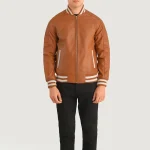 Men's Tan Brown Leather Zipper Varsity Jacket Front