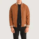 Men's Tan Brown Leather Zipper Varsity Jacket