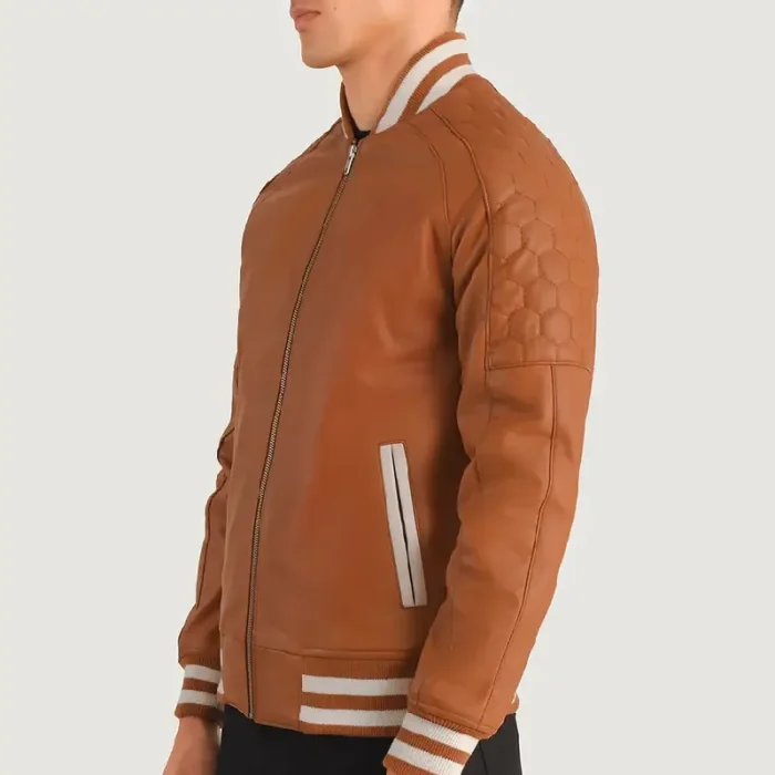 Men'S Tan Brown Leather Zipper Varsity Jacket Side