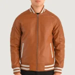 Men's Tan Brown Leather Zipper Varsity Jacket Zip Up