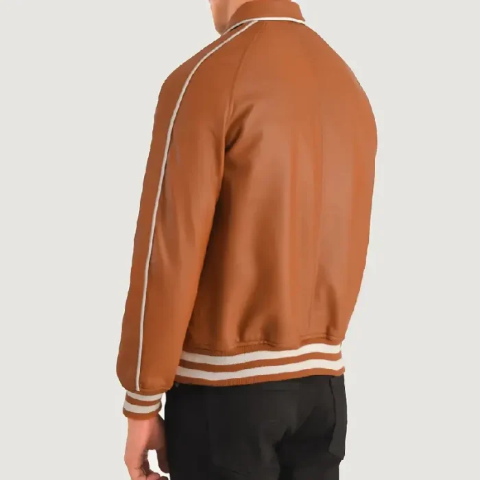 Men'S Tan Brown Zipper Varsity Leather Jacket Back