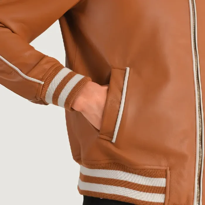 Men'S Tan Brown Zipper Varsity Leather Jacket Close