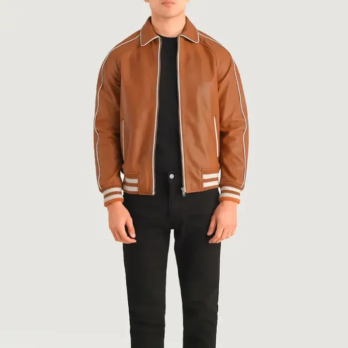 Men'S Tan Brown Zipper Varsity Leather Jacket Front