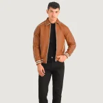 Men's Tan Brown Zipper Varsity Leather Jacket