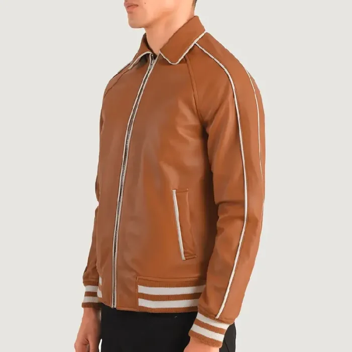 Men'S Tan Brown Zipper Varsity Leather Jacket Side