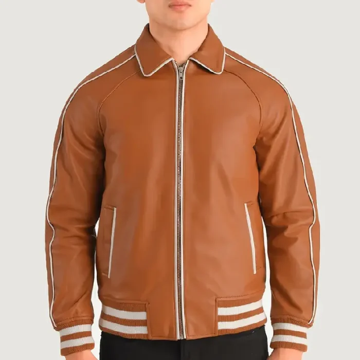 Men'S Tan Brown Zipper Varsity Leather Jacket Zip Up