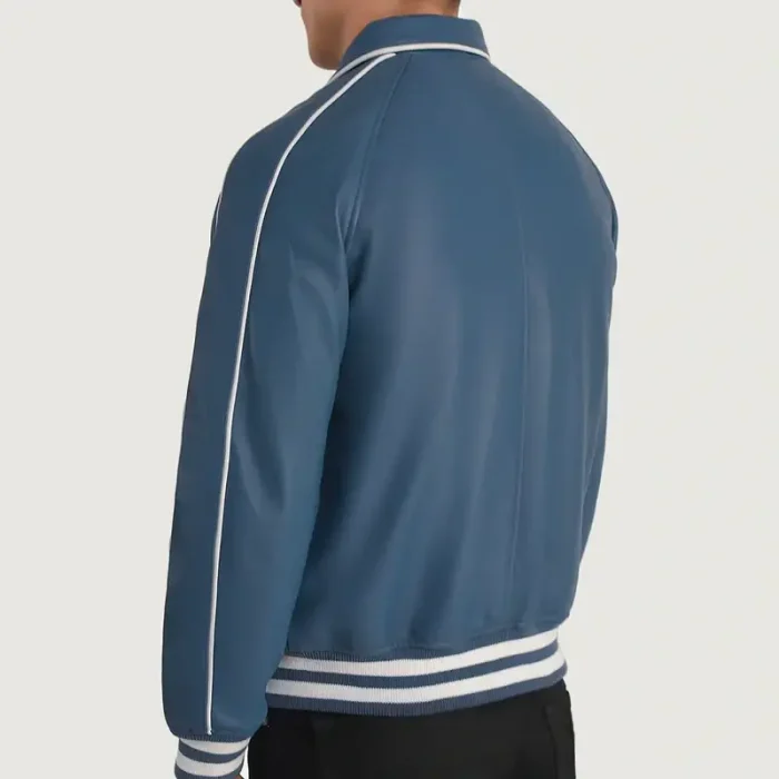 Men’s Blue Leather Varsity Jacket Back