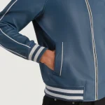 Men’s Blue Leather Varsity Jacket Close Up