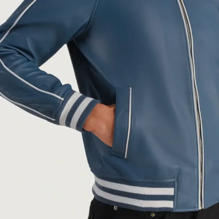 Men’s Blue Leather Varsity Jacket Close Up