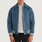 Men's Blue Leather Varsity Jacket With Striped Trim