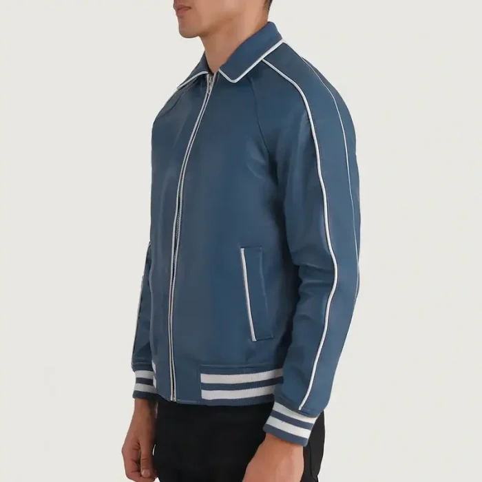 Men’s Blue Leather Varsity Jacket Side View