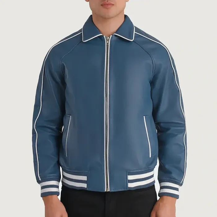 Men’s Blue Leather Varsity Jacket Zip Up