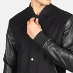 Men's Black Hybrid Varsity Jacket Close up