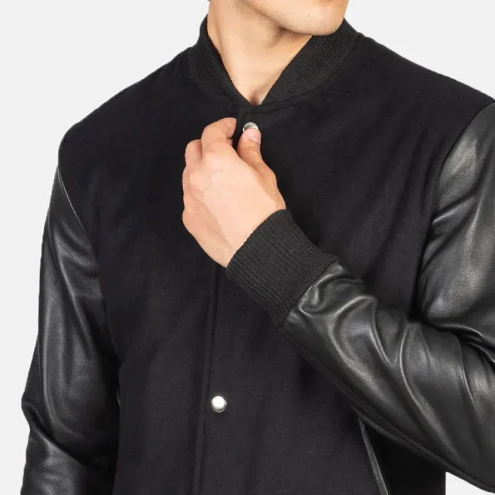 Men'S Black Hybrid Varsity Jacket Close Up