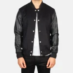 Men's Black Real Leather Hybrid Varsity Jacket