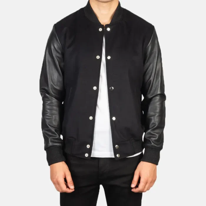 Men'S Black Real Leather Hybrid Varsity Jacket