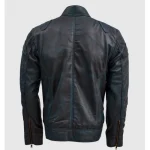 Men's Vintage Waxed Blue Leather Biker Jacket Back View