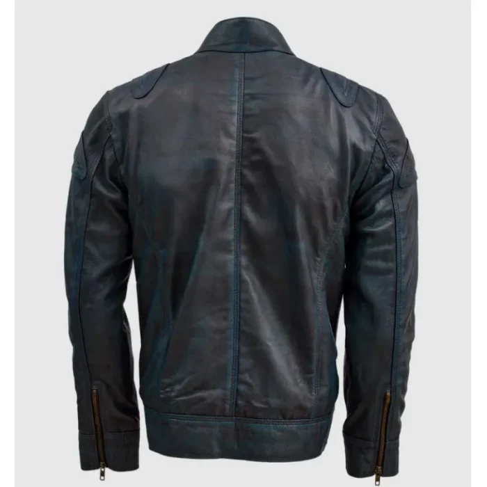 Men'S Vintage Waxed Blue Leather Biker Jacket Back View