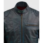 Men's Vintage Waxed Blue Leather Biker Jacket Close View