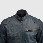 Men's Vintage Waxed Blue Leather Biker Jacket Front View