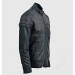 Men's Vintage Waxed Blue Leather Biker Jacket Side View