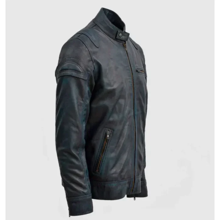Men'S Vintage Waxed Blue Leather Biker Jacket Side View