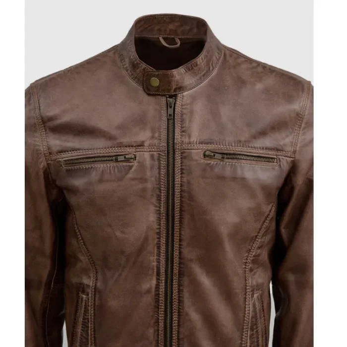Men'S Vintage Waxed Brown Zipper Biker Leather Jacket Close View