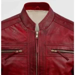 Men's Vintage Waxed Deep Red Leather Biker Jacket Close View