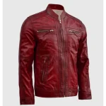 Men's Vintage Waxed Deep Red Leather Biker Jacket Front View