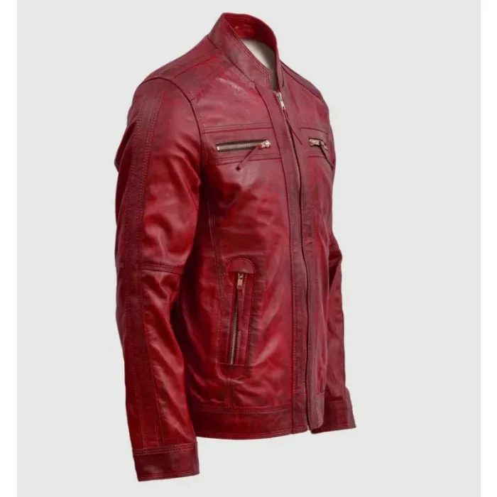 Men'S Vintage Waxed Deep Red Leather Biker Jacket Side View
