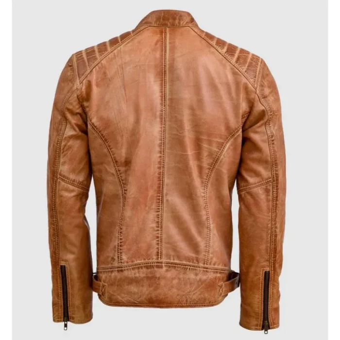 Men'S Vintage Waxed Tan Leather Zipper Biker Jacket Back View