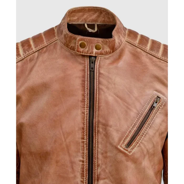Men'S Vintage Waxed Tan Leather Zipper Biker Jacket Close View