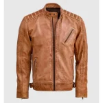 Men's Vintage Waxed Tan Leather Zipper Biker Jacket Front View