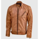 Men's Vintage Waxed Tan Leather Zipper Biker Jacket