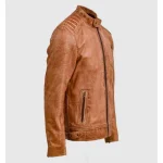 Men's Vintage Waxed Tan Leather Zipper Biker Jacket Side View
