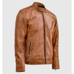 Men's Vintage Waxed Tan Leather Zipper Biker Jacket View