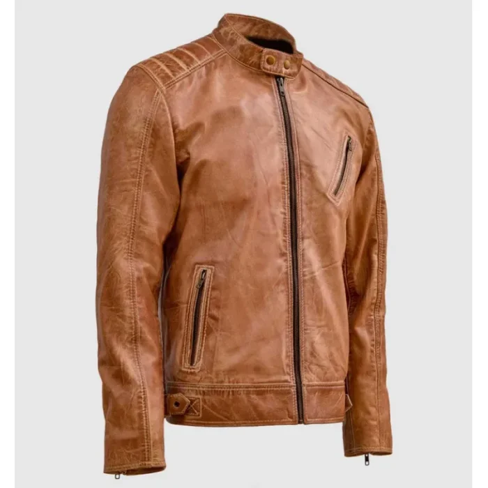 Men'S Vintage Waxed Tan Leather Zipper Biker Jacket View