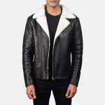Men's Black Leather Biker Jacket With Shearling Collar
