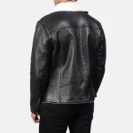 Men's White Shearling Black Leather Jacket Back View