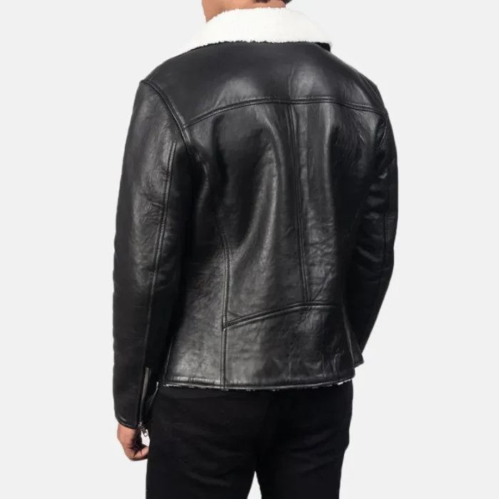 Men'S White Shearling Black Leather Jacket Back View