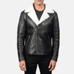 Men's White Shearling Black Leather Jacket Close View