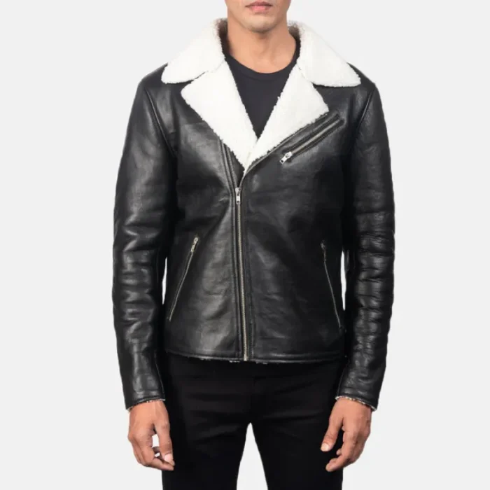 Men'S White Shearling Black Leather Jacket Close View