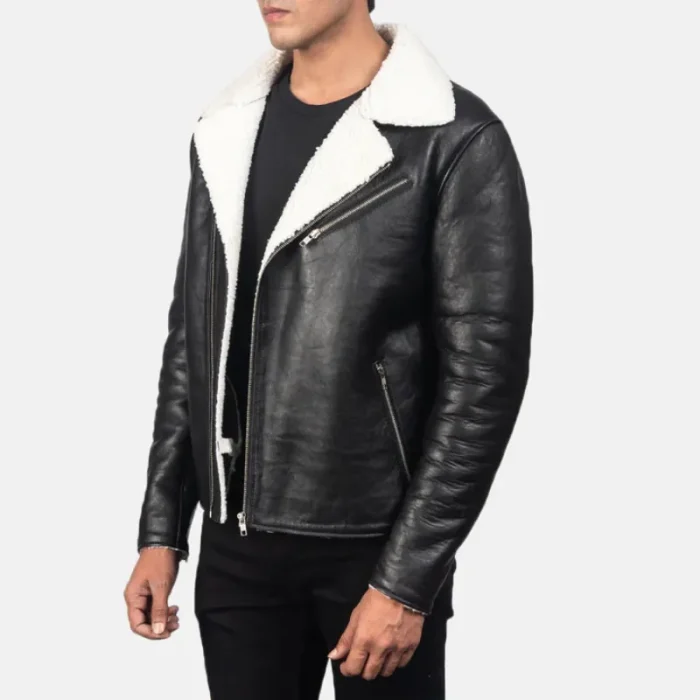 Men'S White Shearling Black Leather Jacket Side View