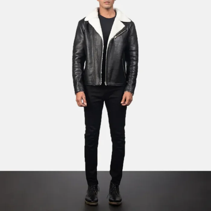 Men'S White Shearling Black Leather Jacket Wearing Look
