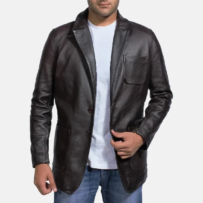 Men'S Wine Black Leather Blazer Front